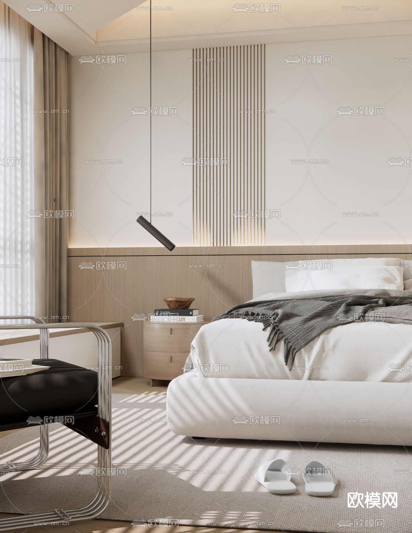 奶油风卧室 主人房su模型下载（渲染图5）