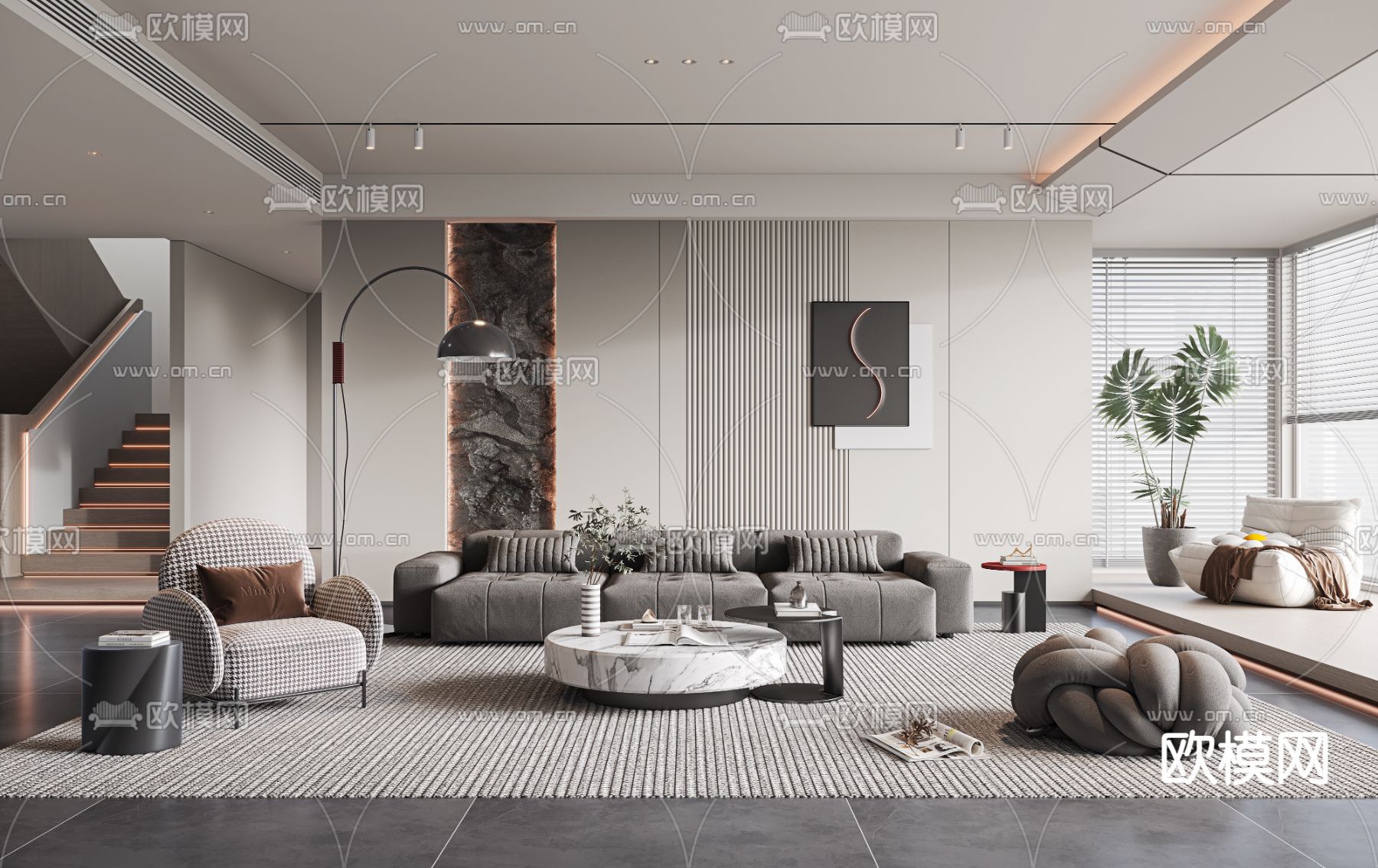 高级灰客厅su模型下载（渲染图1）
