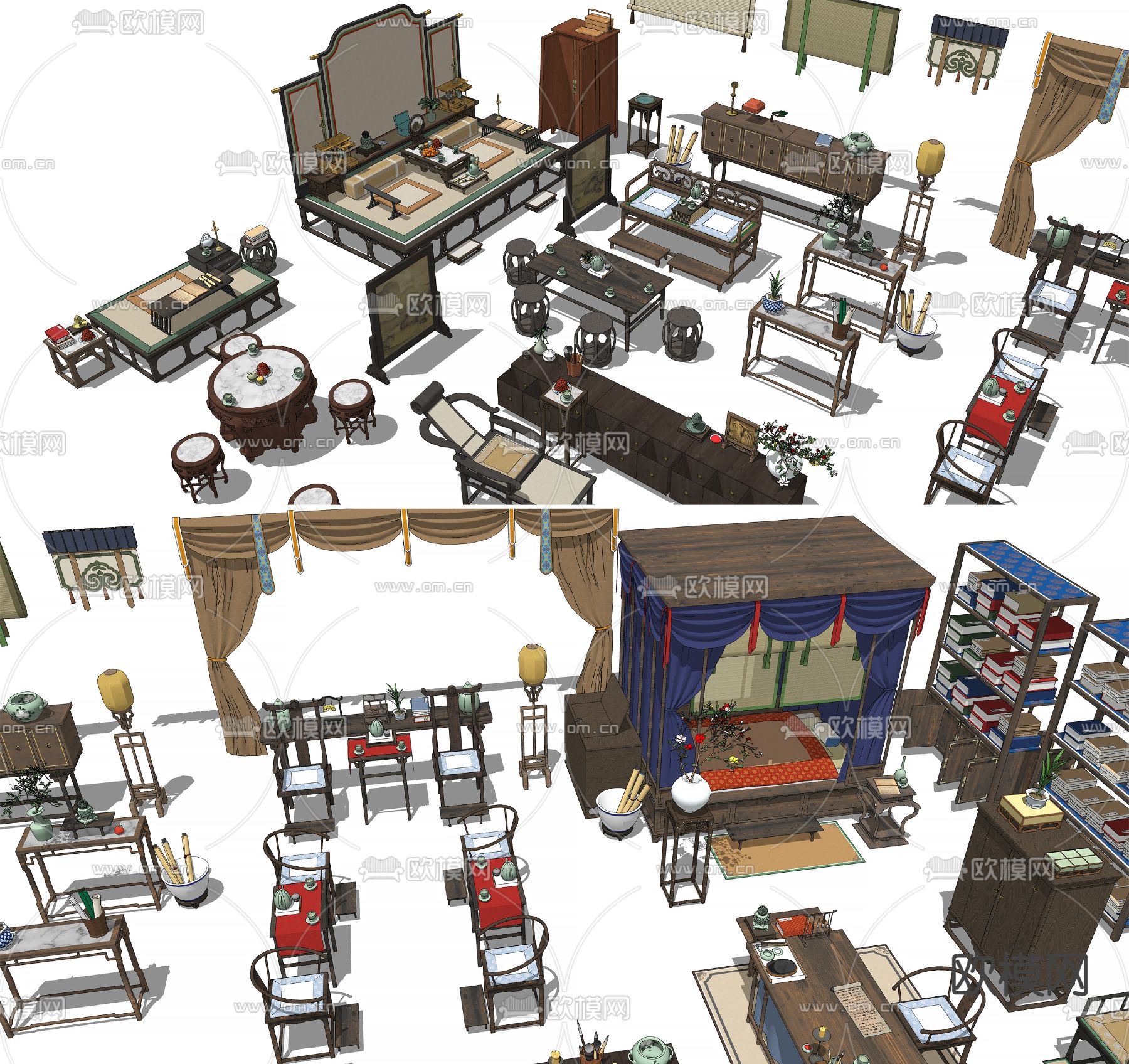 中式书桌椅 沙发 博古架 屏风隔断su模型下载（渲染图2）