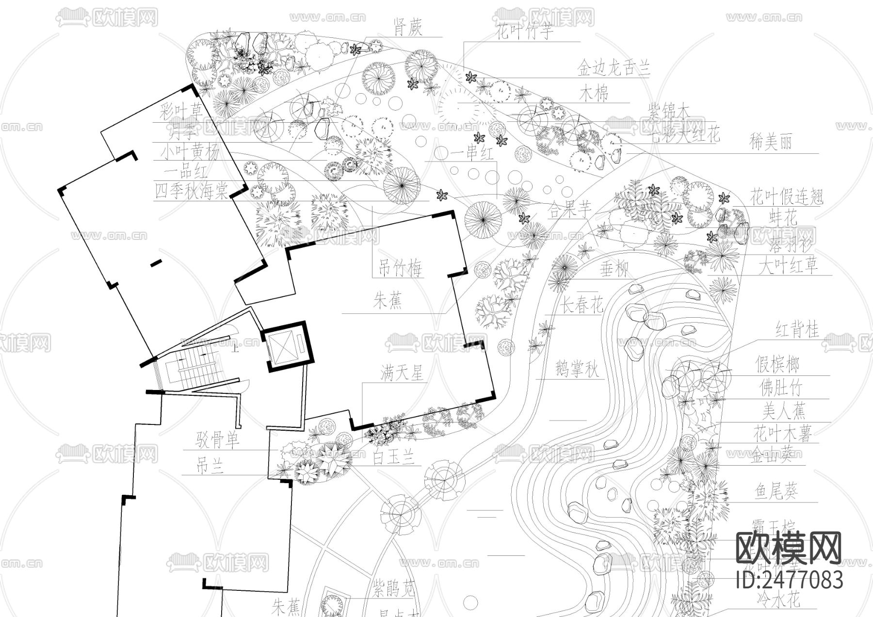 小区绿化平面CAD施工图下载（渲染图2）