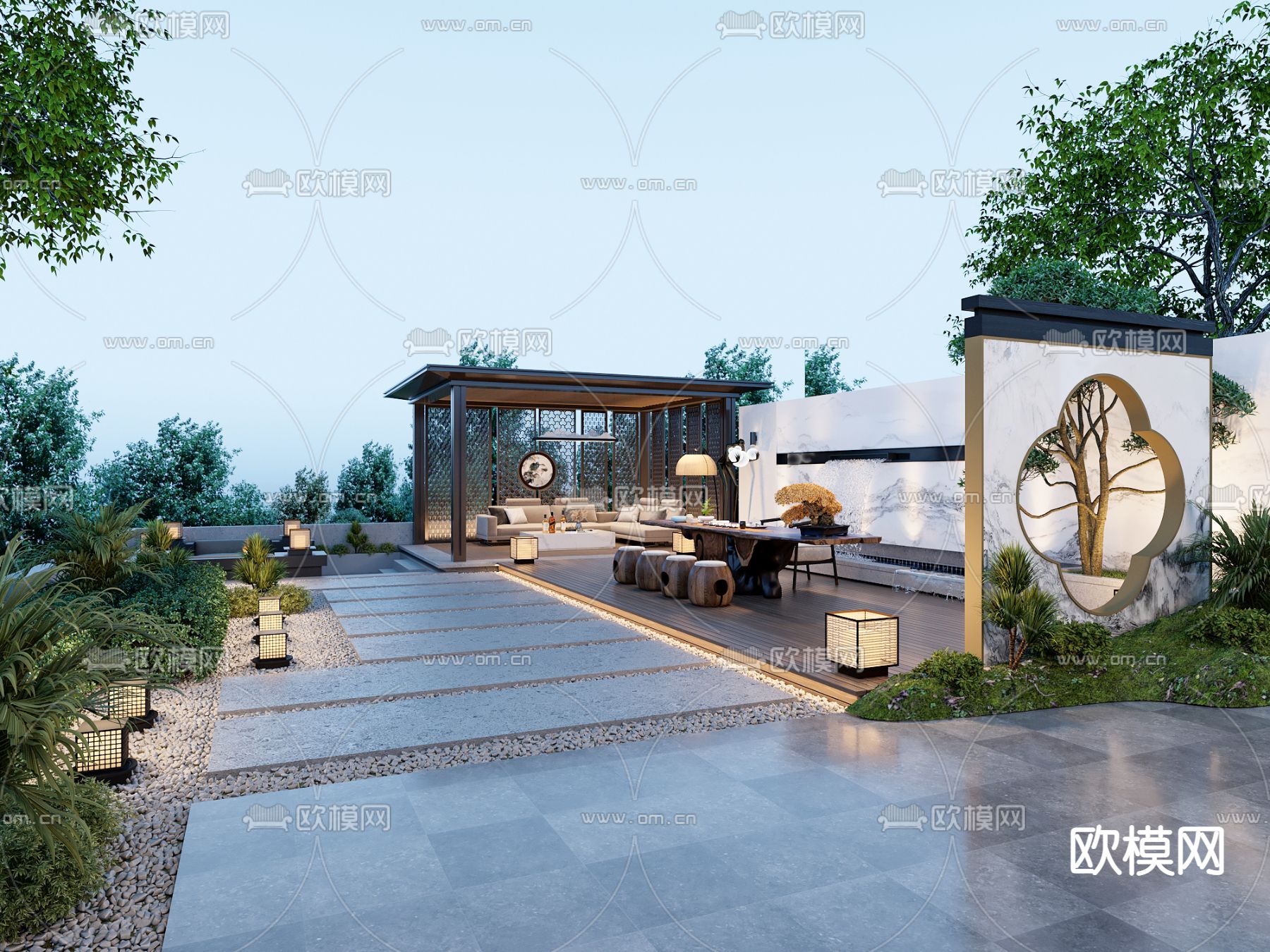 新中式花园 庭院景观3d模型下载_ID12303676_3dmax免费模型-欧模网