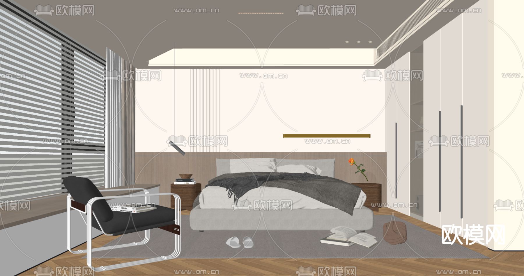 奶油风卧室 主人房su模型下载（渲染图3）