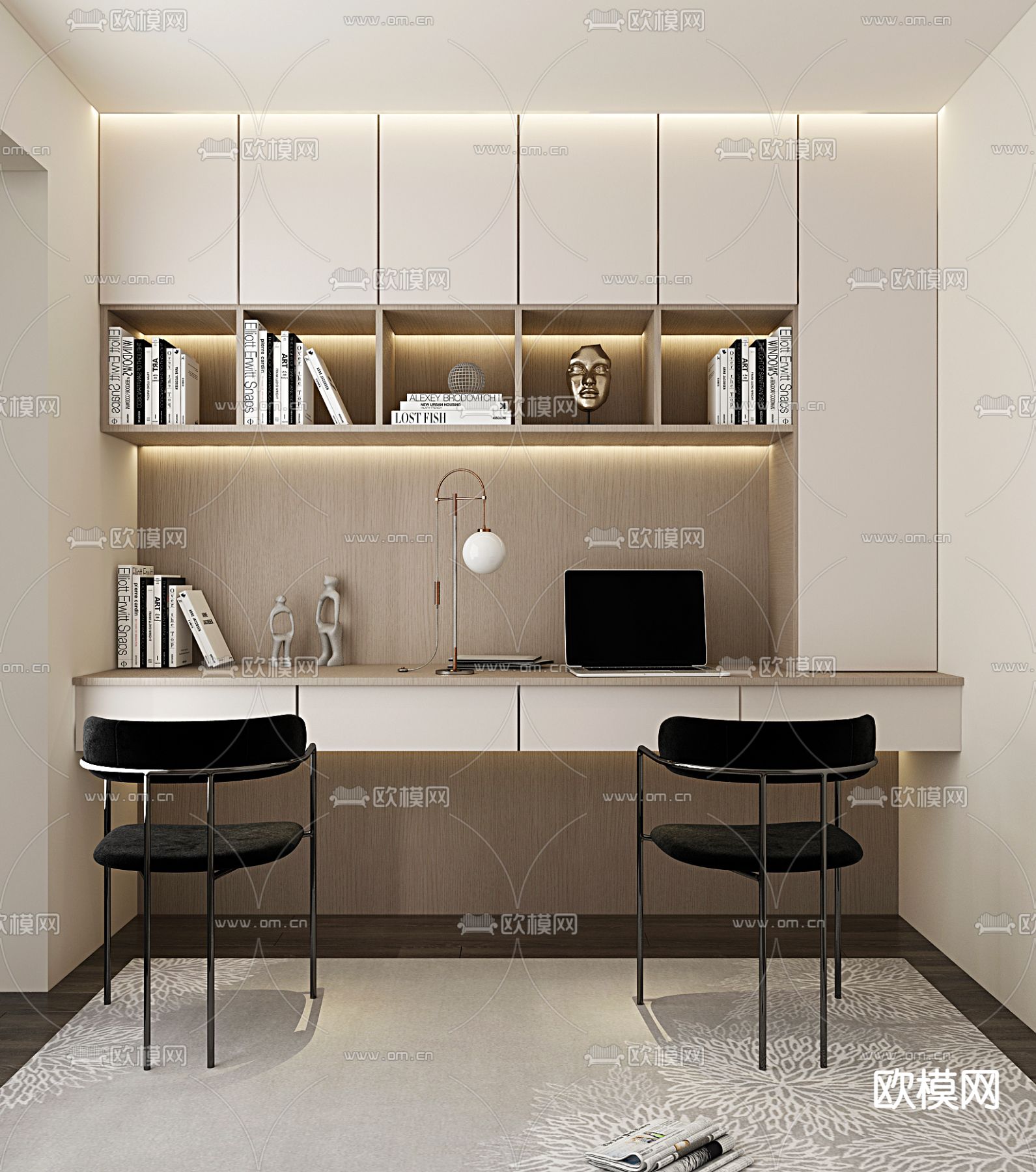 现代双人书桌 写字台su模型下载（渲染图1）