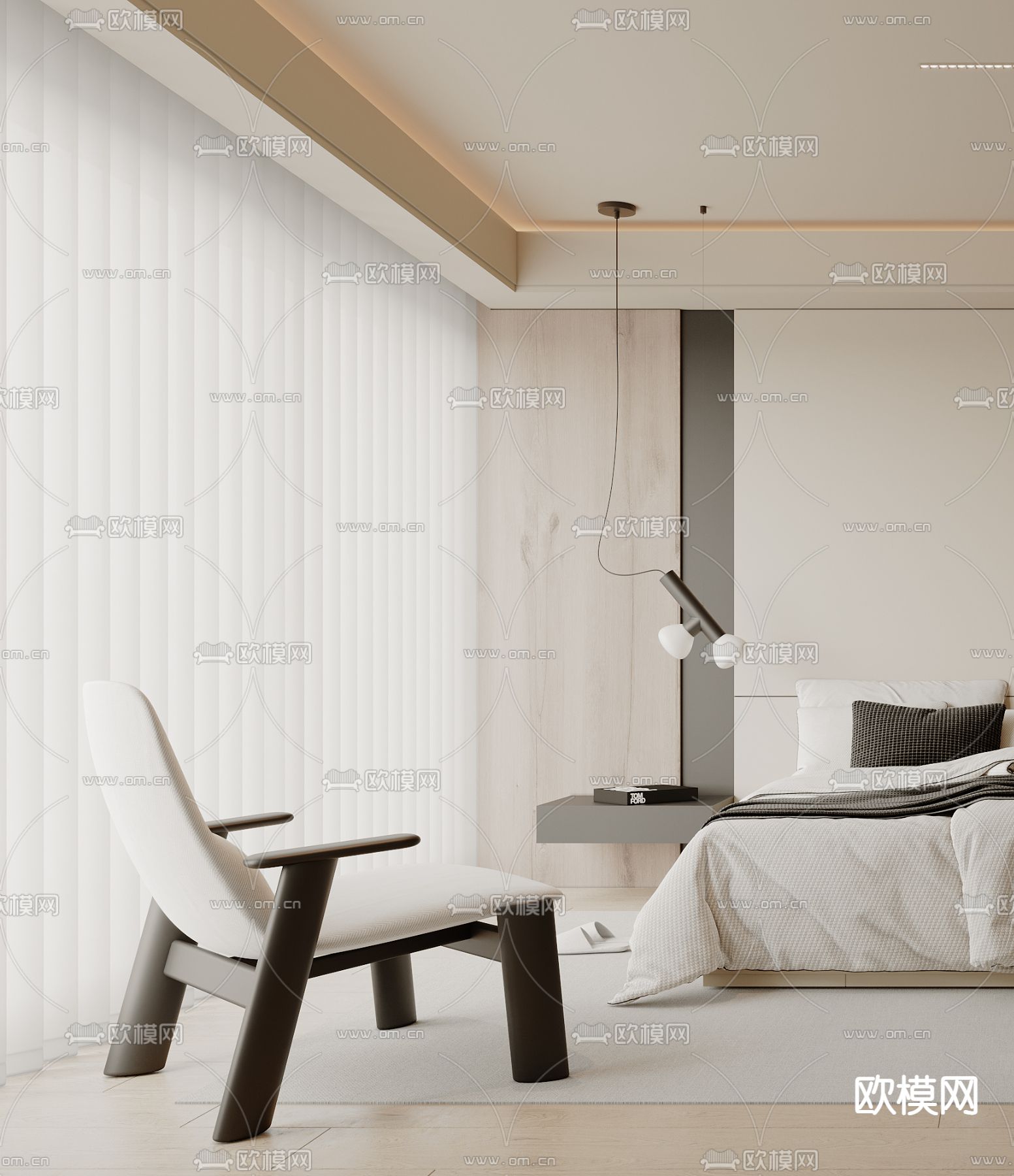 奶油风卧室 主卧 主人房3d模型下载（渲染图3）