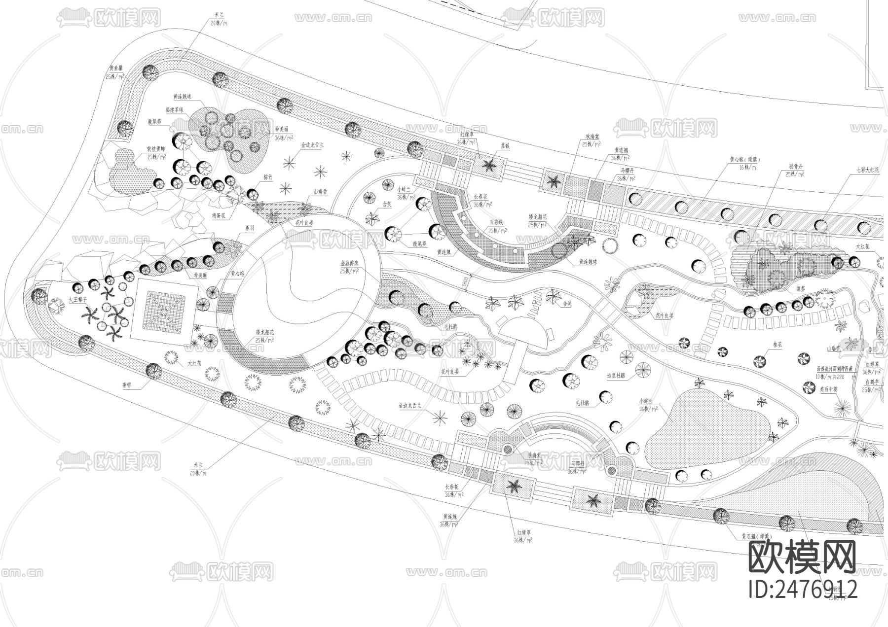 公园植物配置CAD施工图下载（渲染图2）