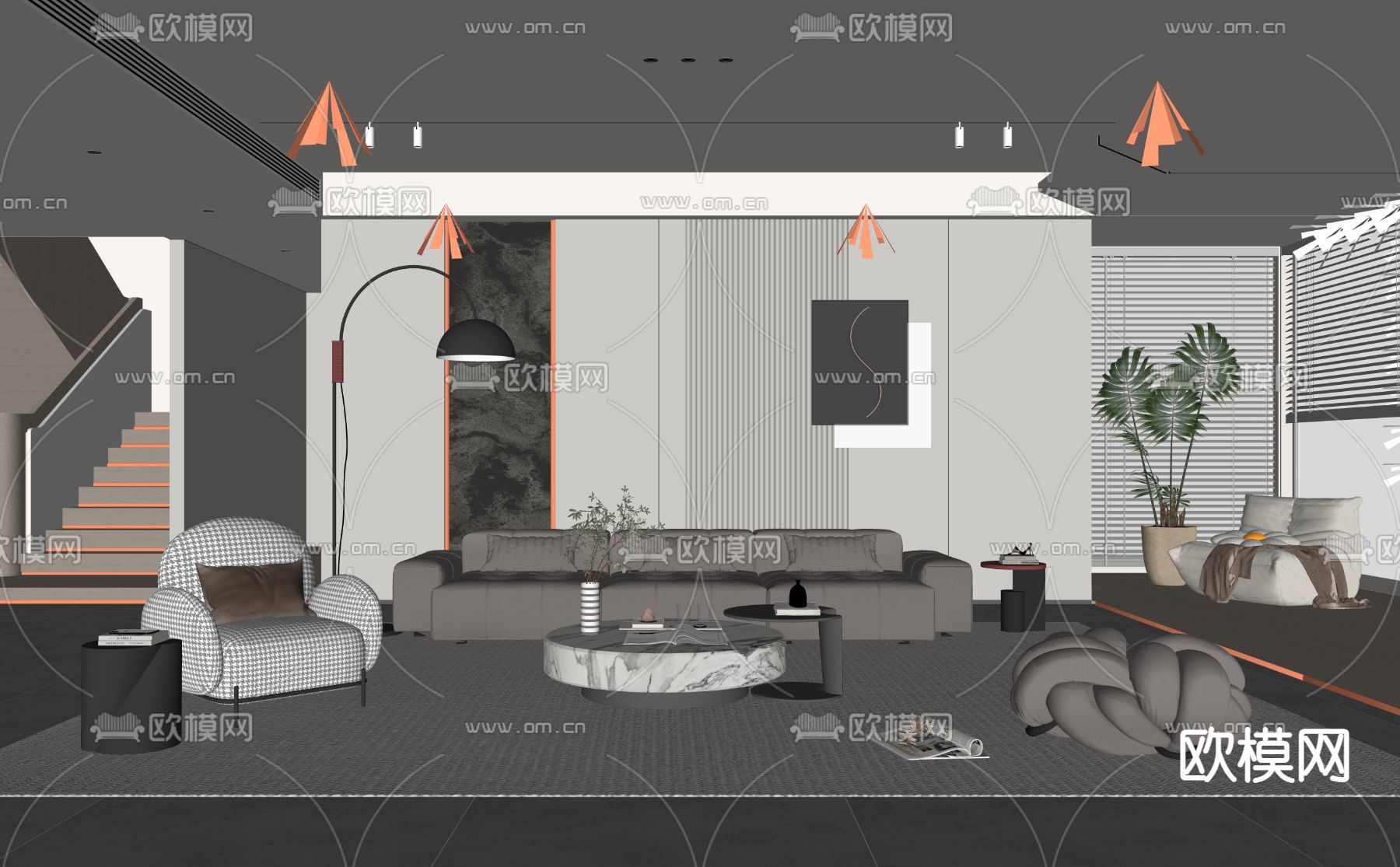 高级灰客厅su模型下载（渲染图2）