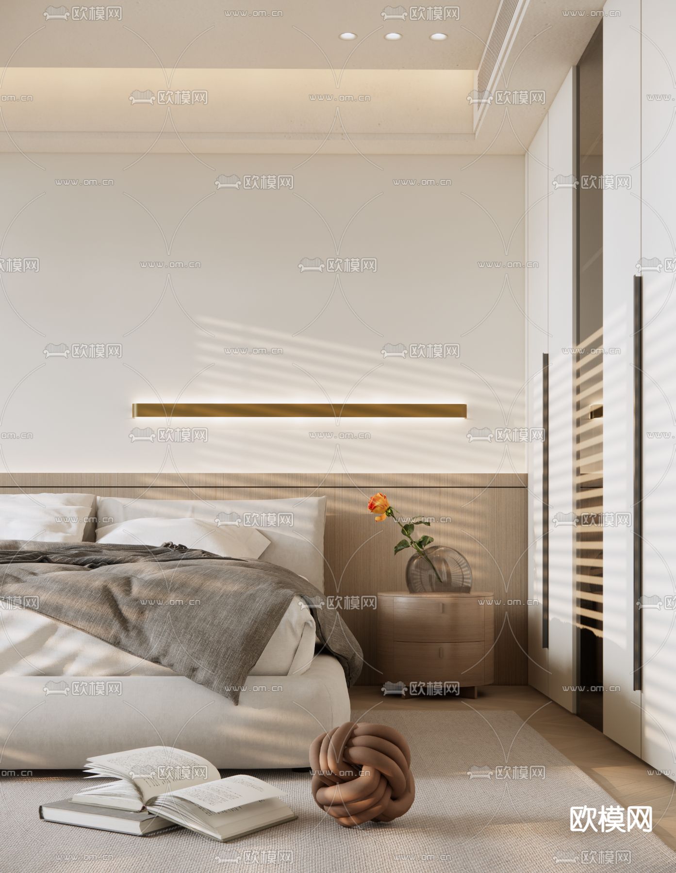 奶油风卧室 主人房su模型下载（渲染图4）