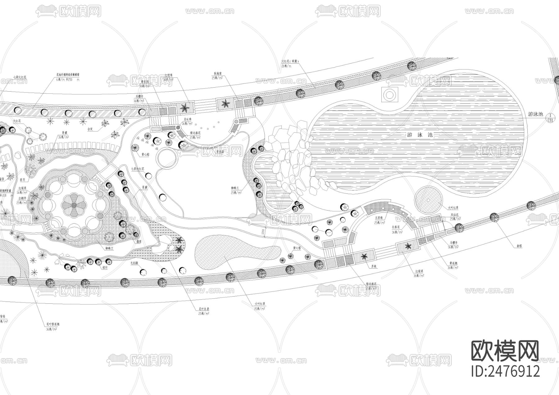 公园植物配置CAD施工图下载（渲染图3）
