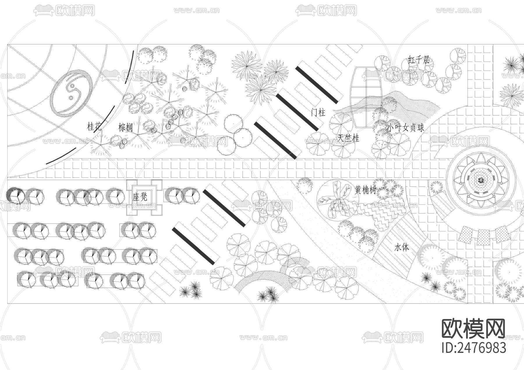 长方形地块公园CAD施工图下载（渲染图2）