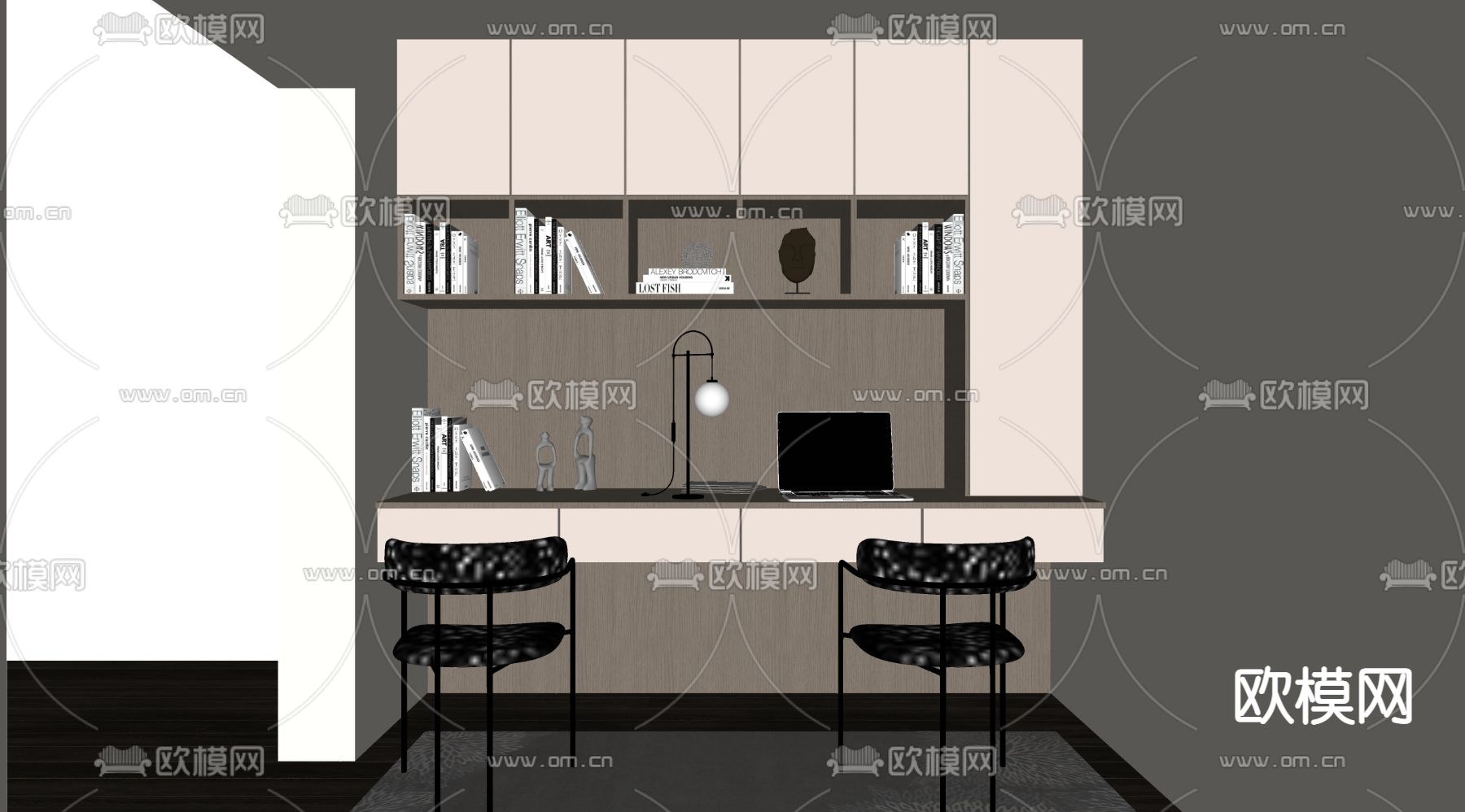 现代双人书桌 写字台su模型下载（渲染图2）