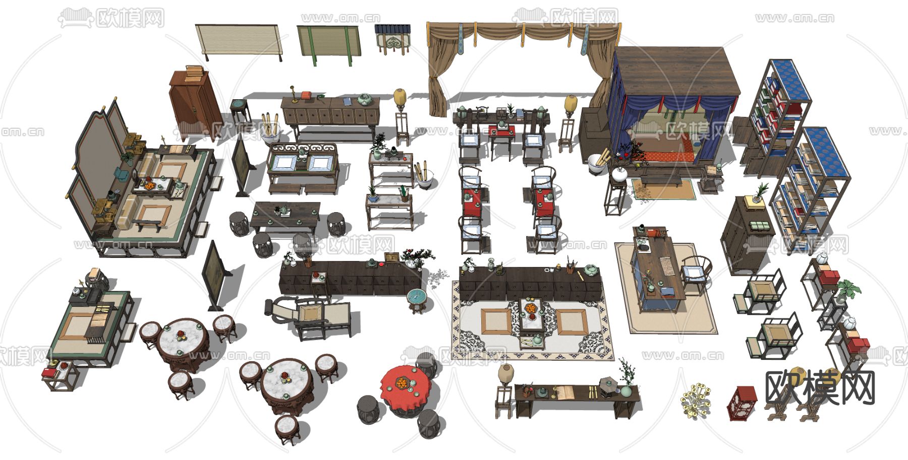 中式书桌椅 沙发 博古架 屏风隔断su模型下载（渲染图1）