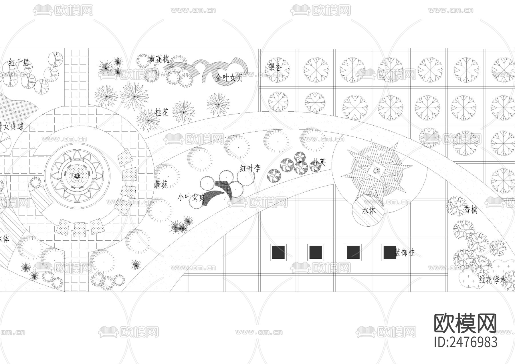 长方形地块公园CAD施工图下载（渲染图3）