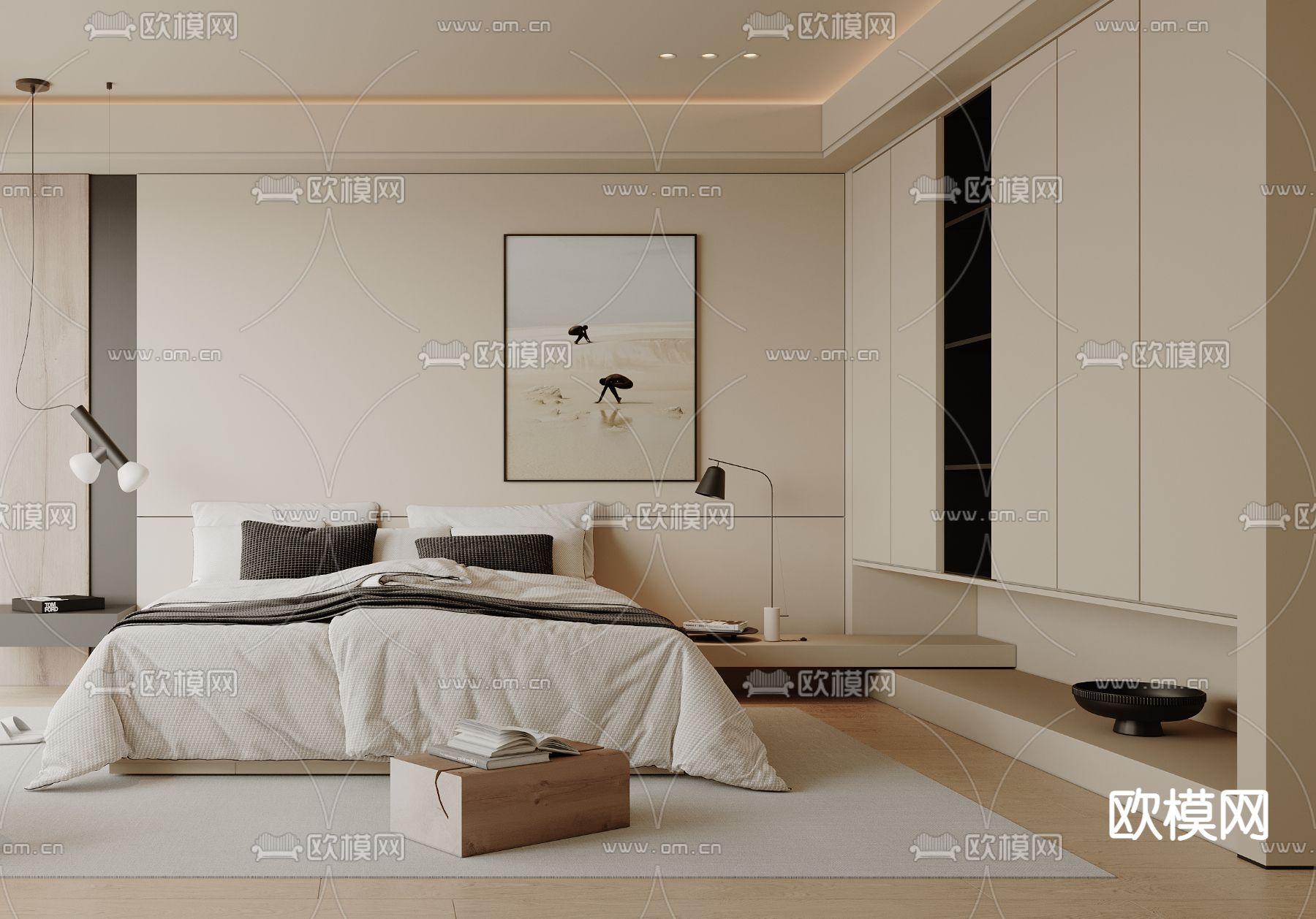 奶油风卧室 主卧 主人房3d模型下载（渲染图2）