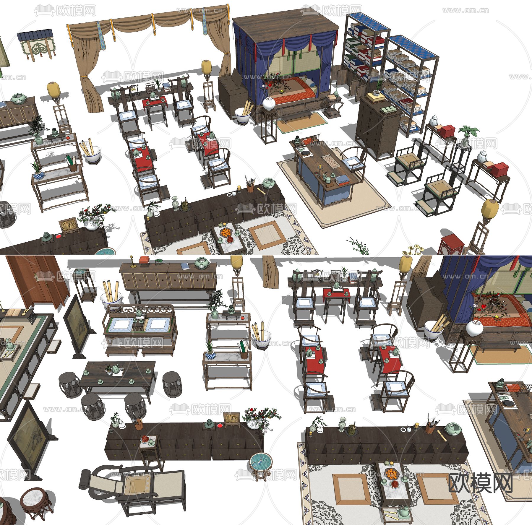 中式书桌椅 沙发 博古架 屏风隔断su模型下载（渲染图3）