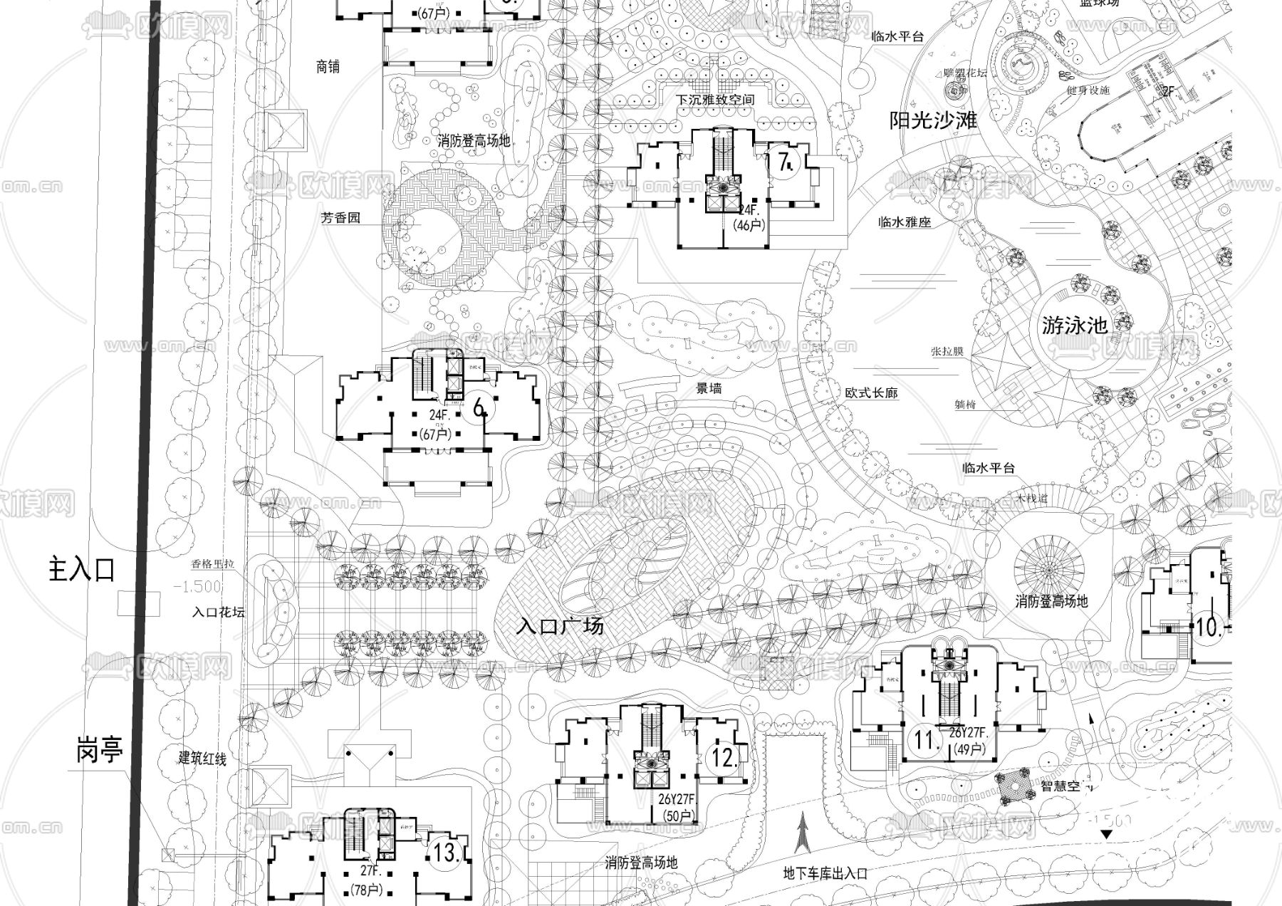 小区景观规划CAD施工图下载（渲染图4）