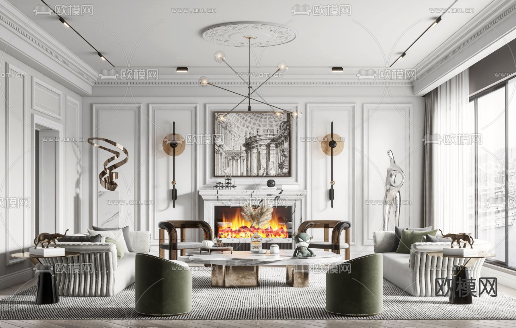 简欧客厅su模型下载（渲染图1）