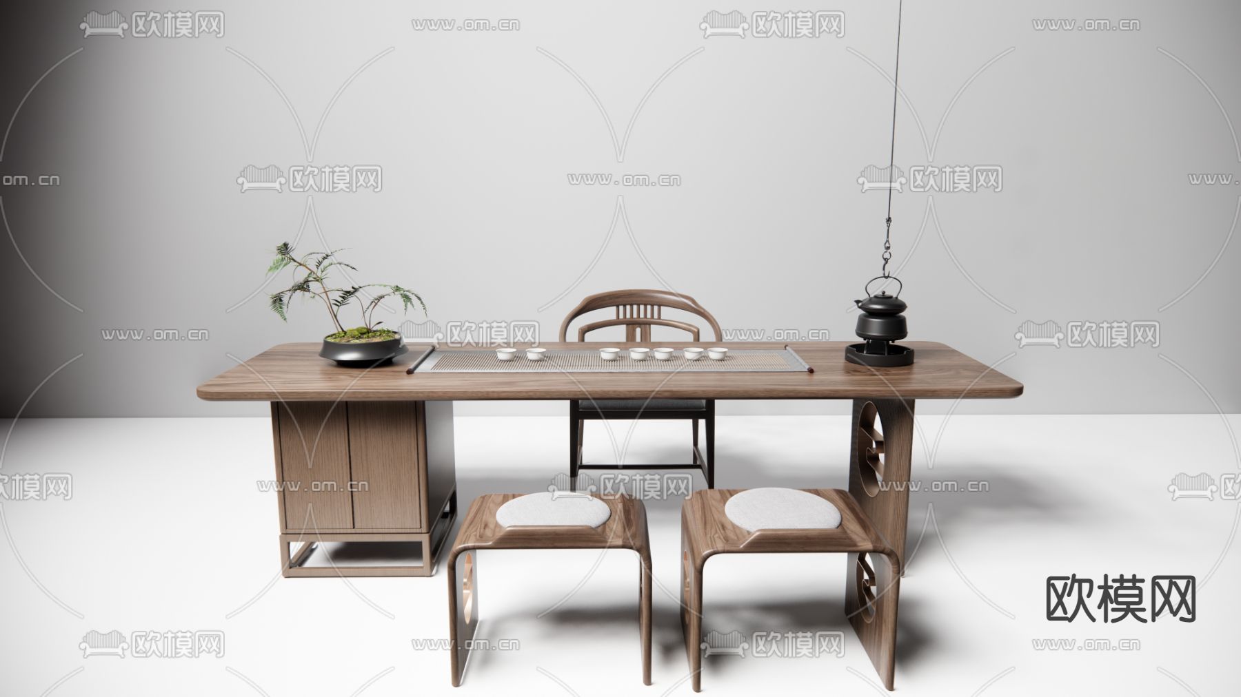 新中式茶桌椅su模型下载（渲染图1）