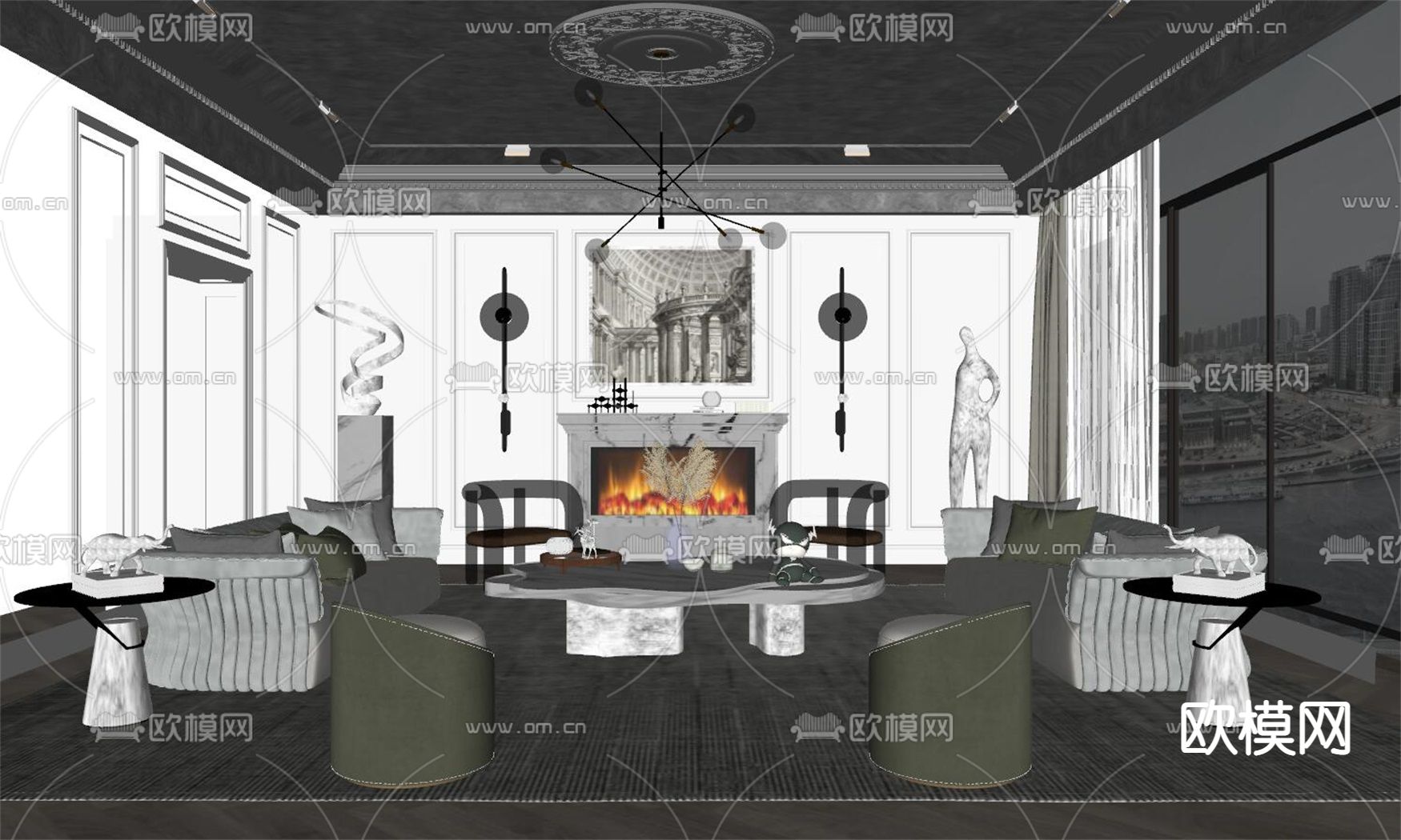 简欧客厅su模型下载（渲染图2）