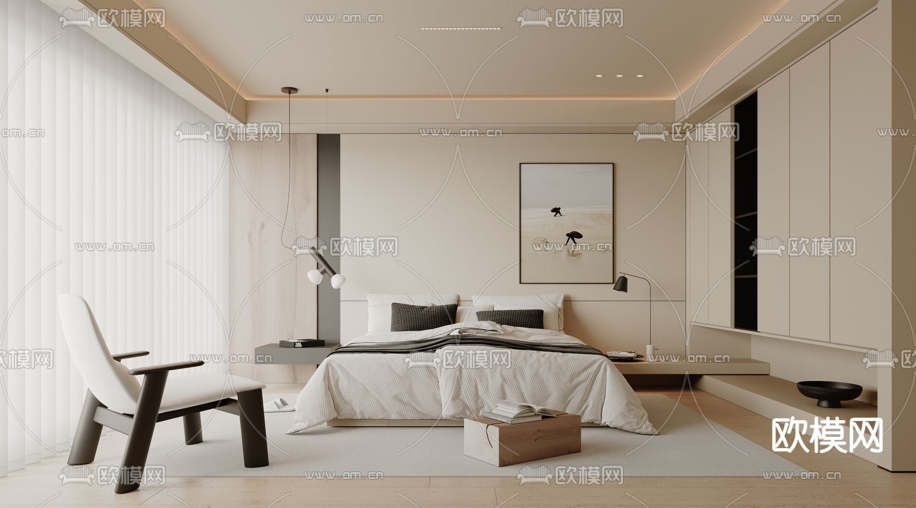 奶油风卧室 主卧 主人房3d模型下载（渲染图1）