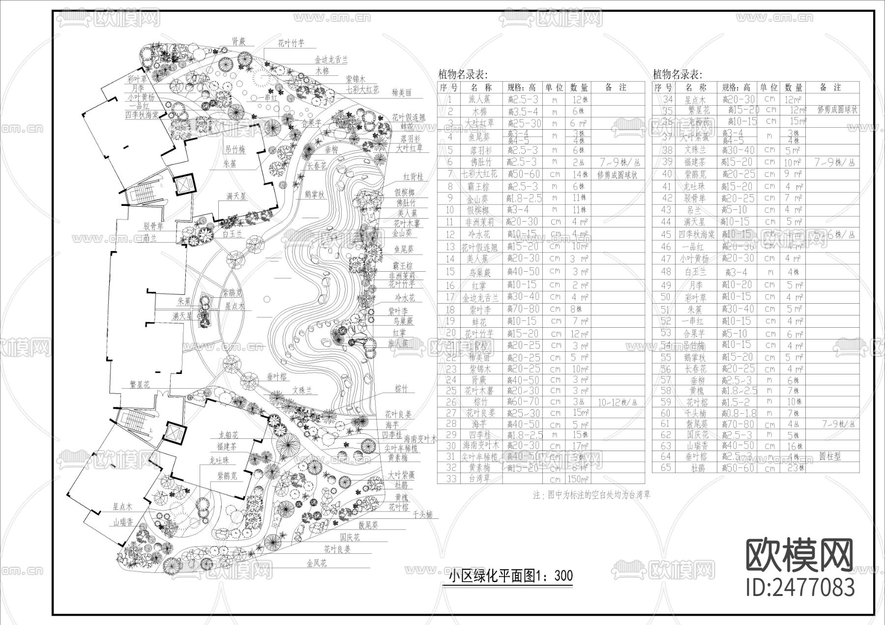 小区绿化平面CAD施工图下载（渲染图1）