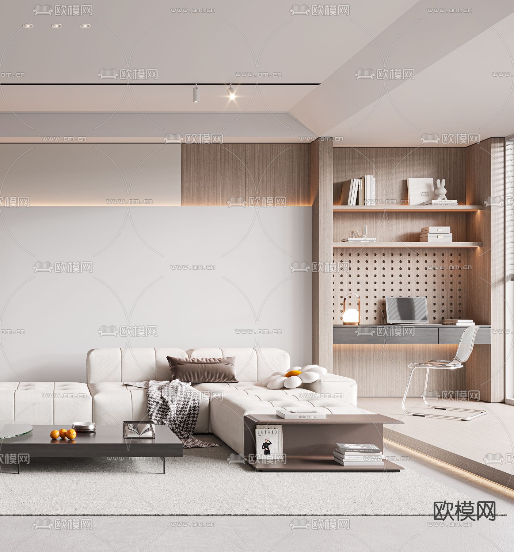 奶油风客厅餐厅3d模型下载（渲染图2）