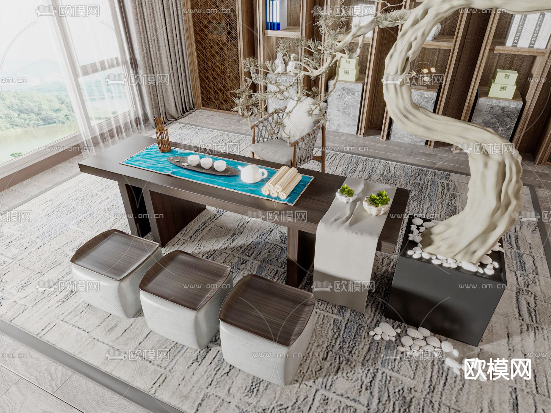 新中式茶桌椅3d模型下载