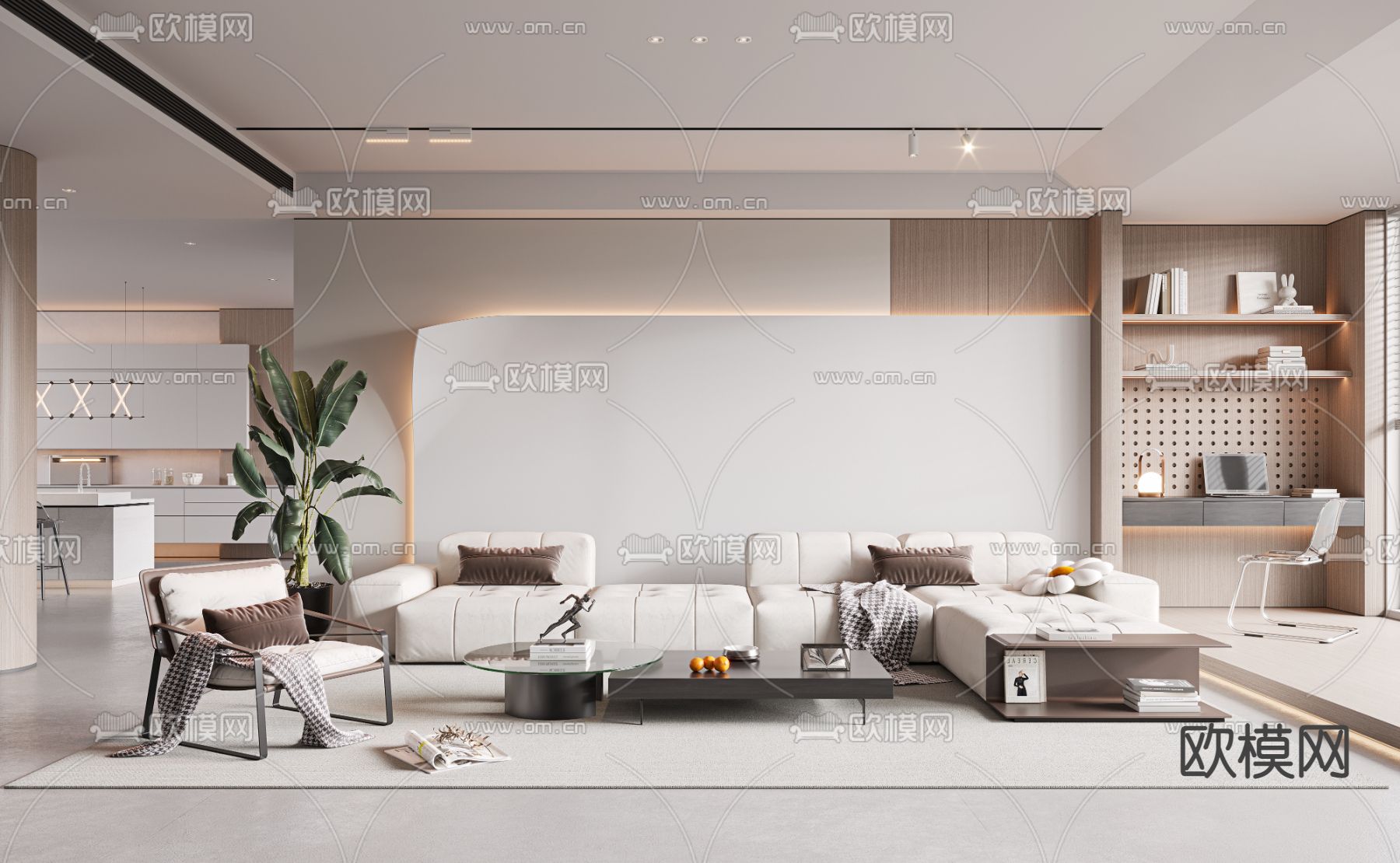 奶油风客厅餐厅3d模型下载（渲染图1）