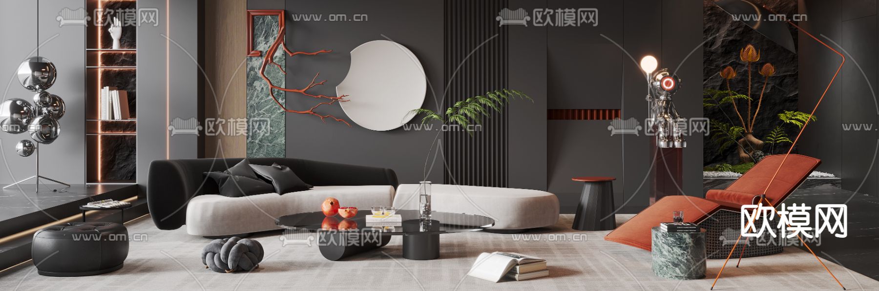 暗黑风客厅3d模型下载（渲染图2）