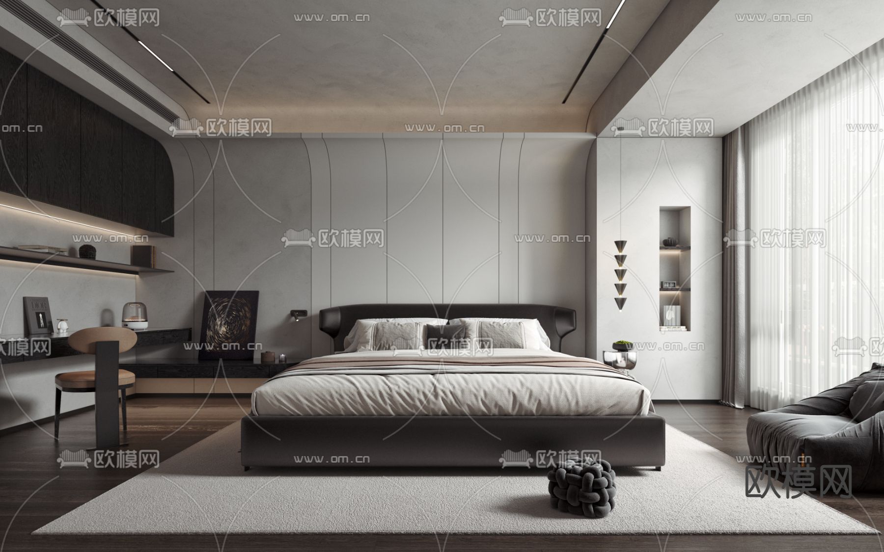 高级灰卧室 主人房su模型下载（渲染图1）