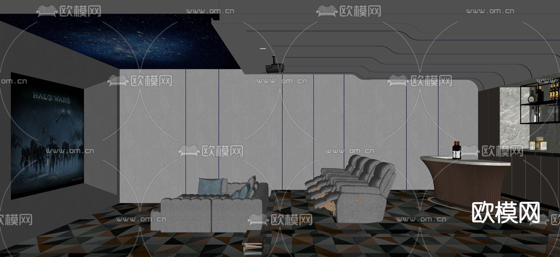 现代家庭影院su模型下载（渲染图2）