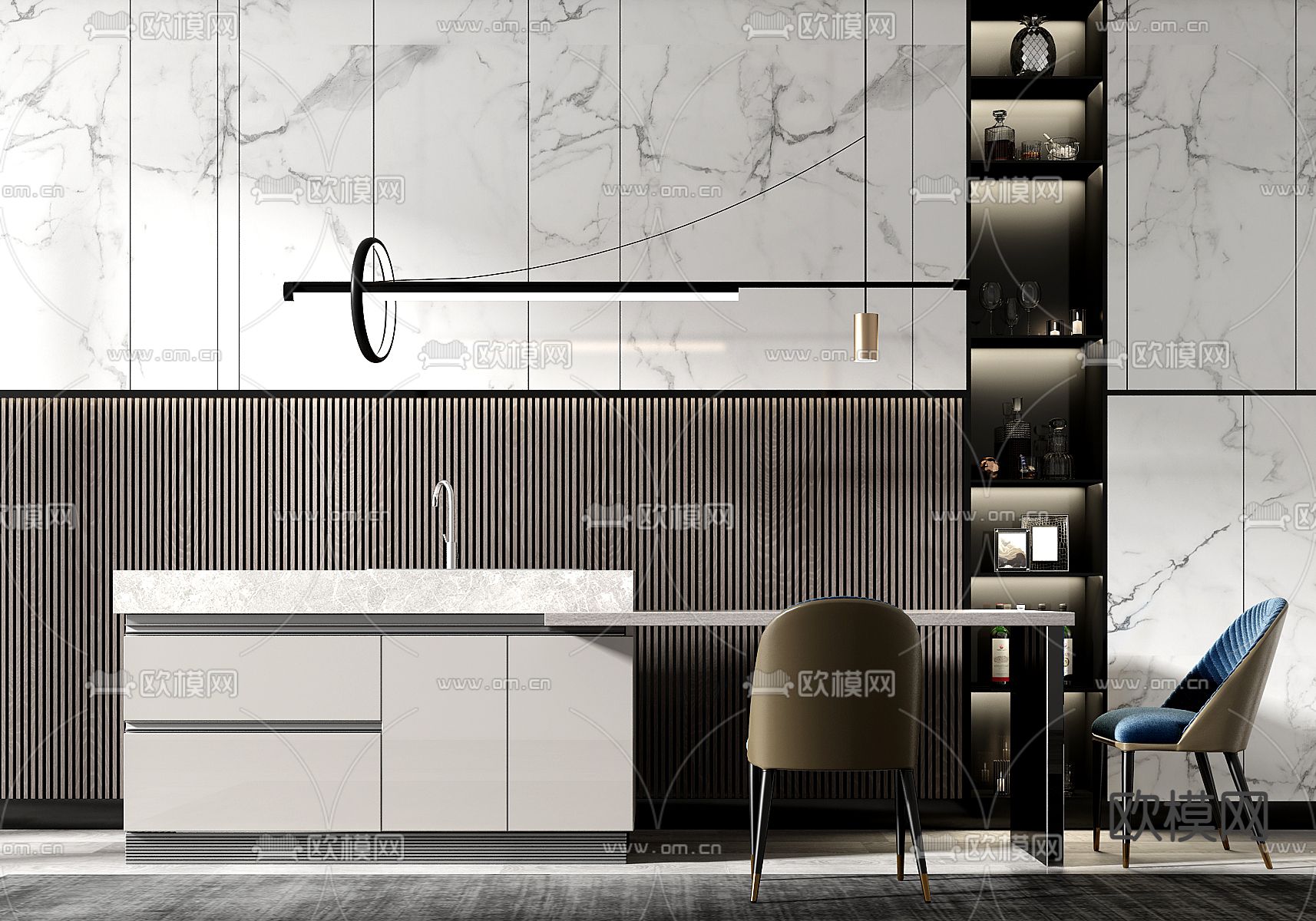 现代岛台餐桌椅3d模型下载