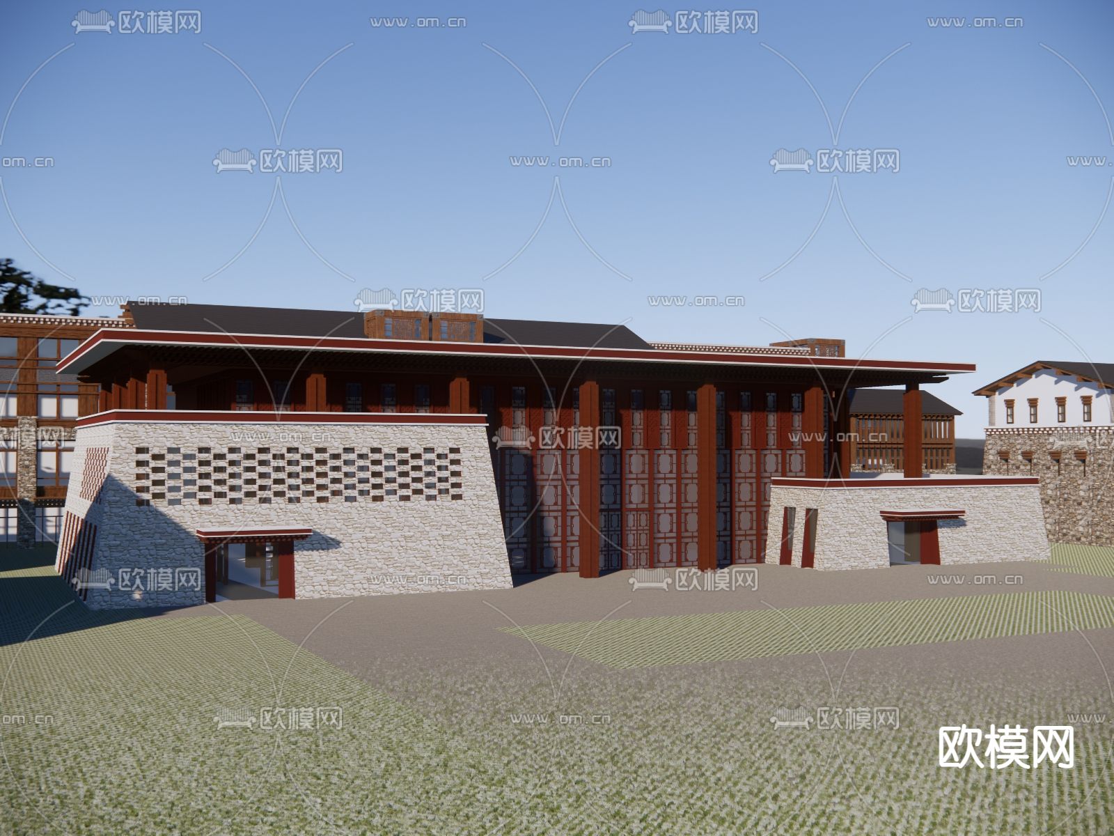 藏式文教展览馆鸟瞰规划su模型下载（渲染图3）