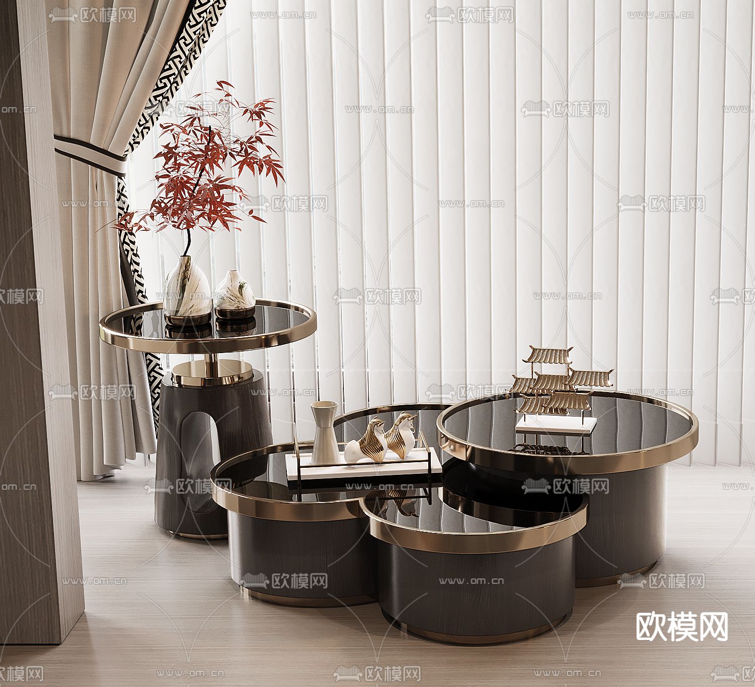 新中式子母茶几su模型下载（渲染图1）