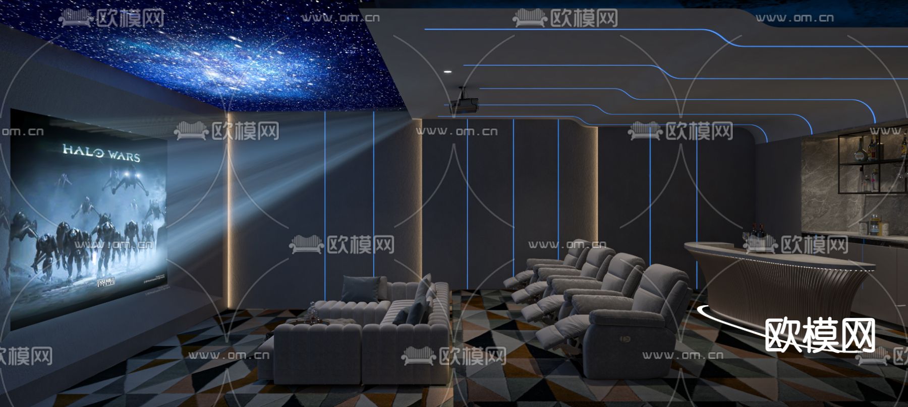 现代家庭影院su模型下载（渲染图1）