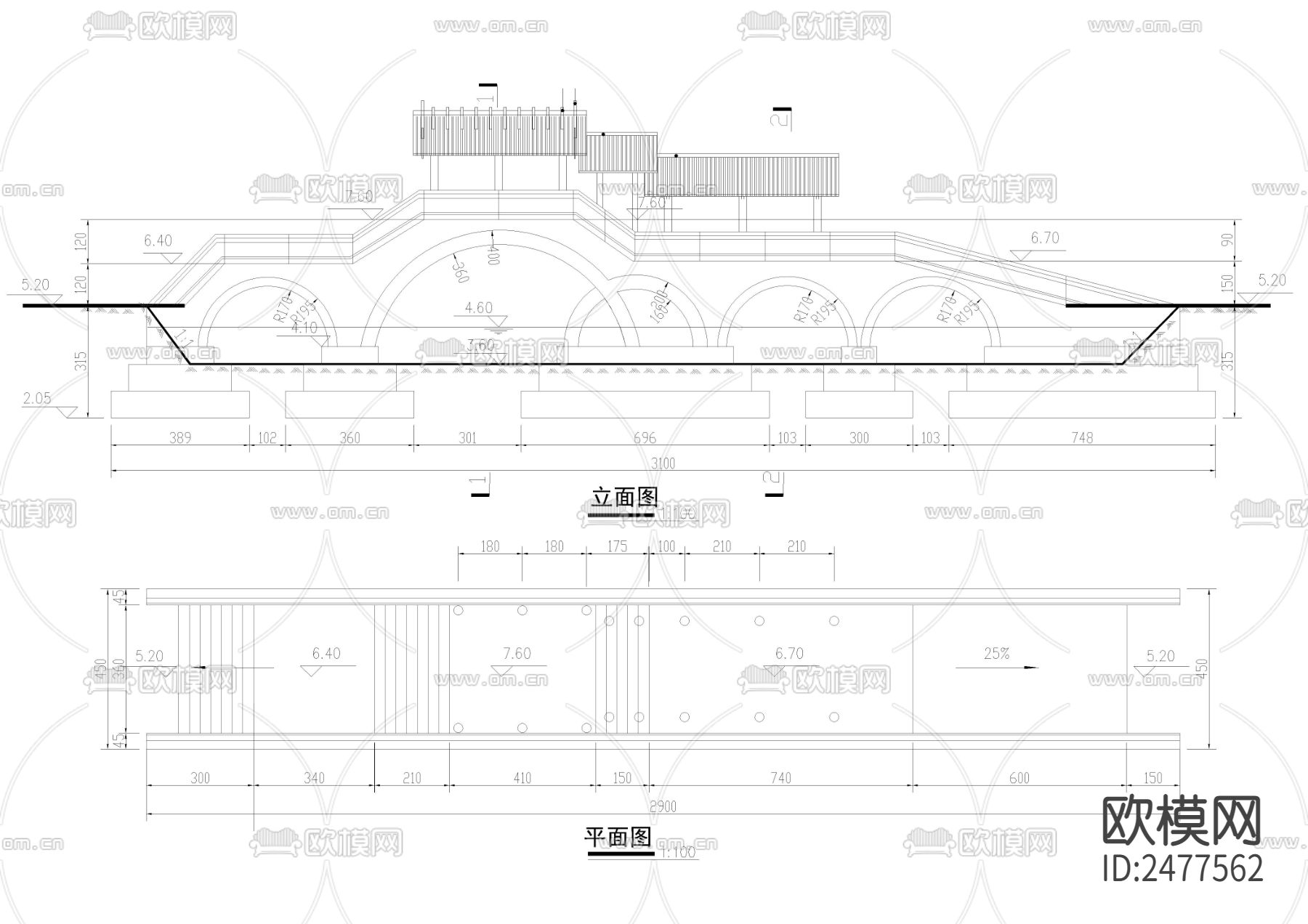 公园景观桥CAD施工图下载（渲染图2）