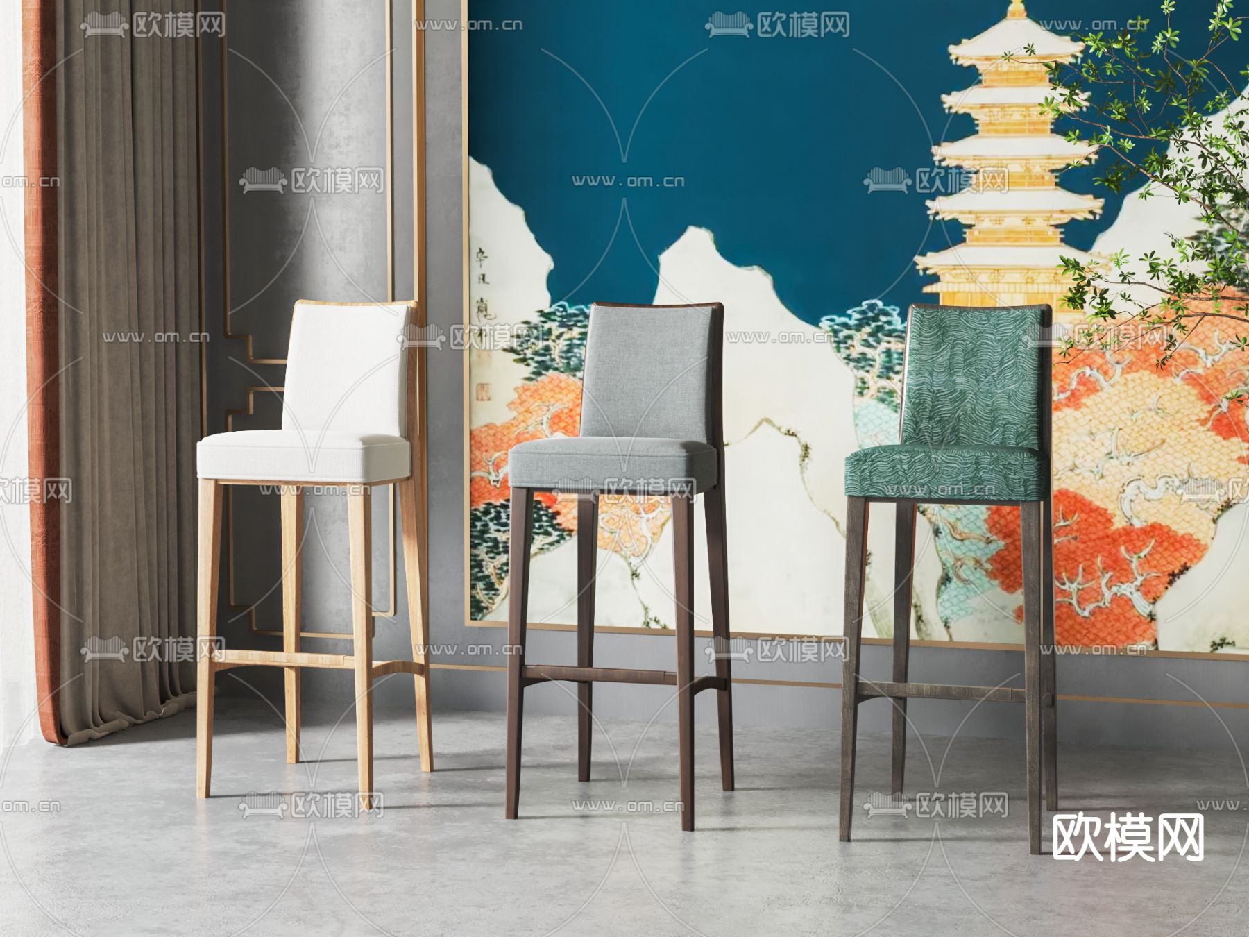 新中式吧椅 吧凳3d模型下载