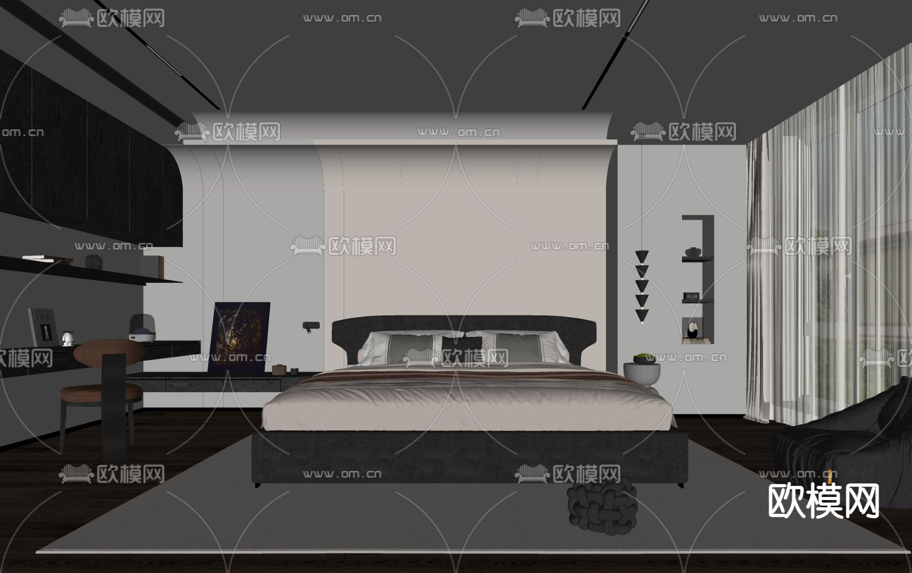 高级灰卧室 主人房su模型下载（渲染图2）