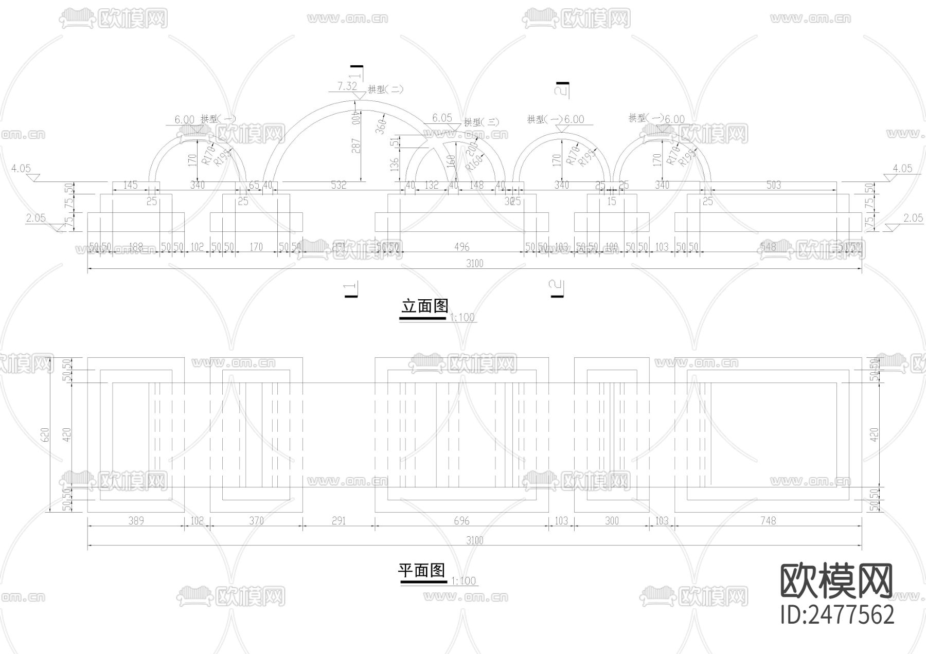 公园景观桥CAD施工图下载（渲染图3）