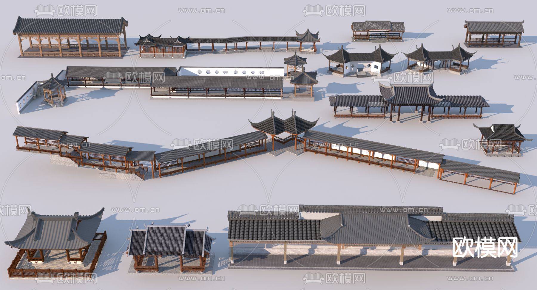 中式仿古长廊 亭子3d模型下载