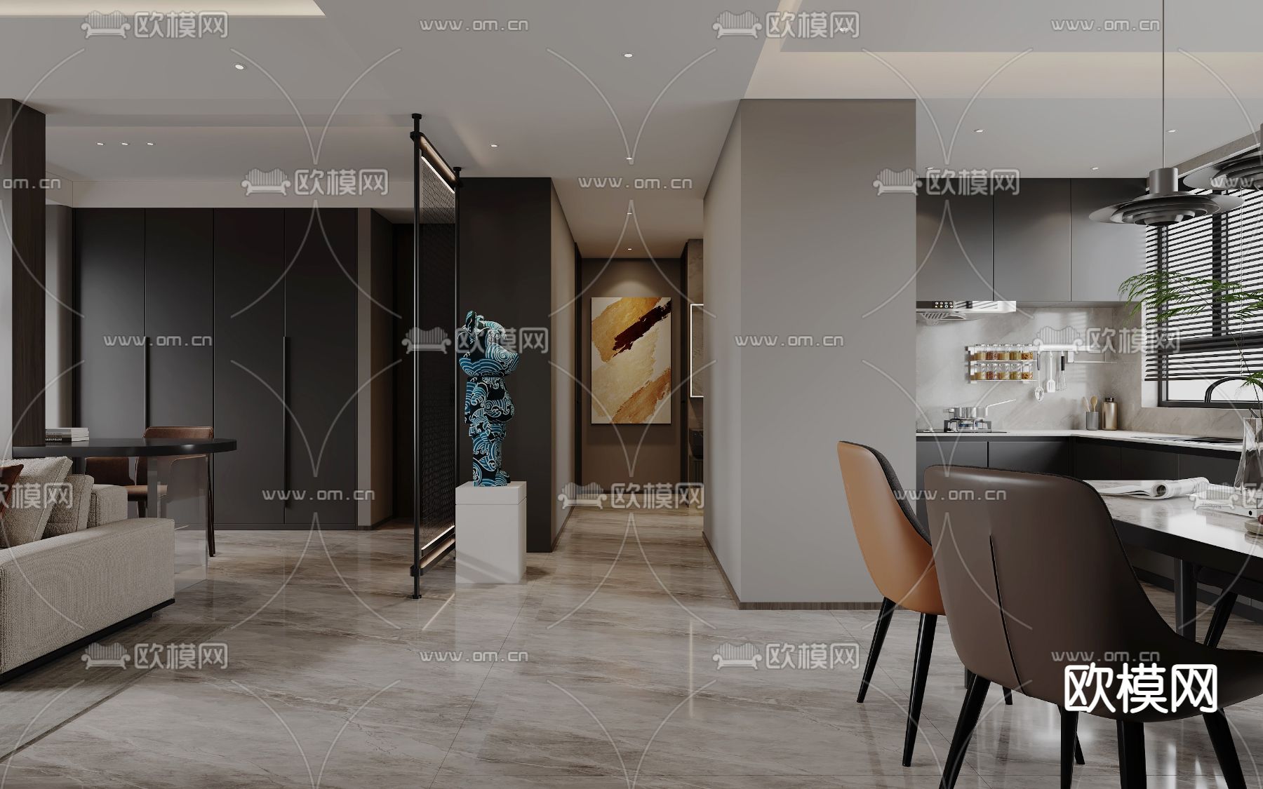 现代客餐厅3d模型下载（渲染图5）