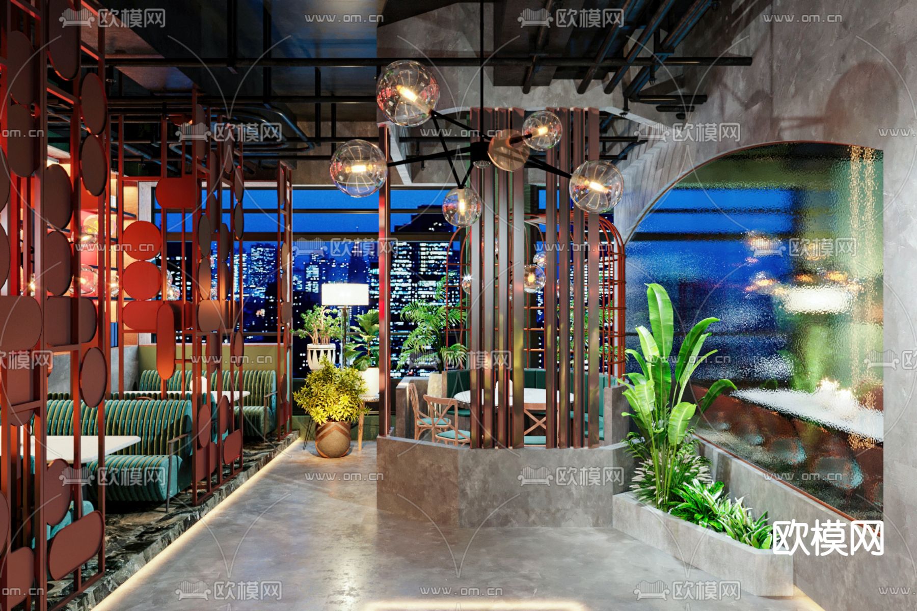 工业风网红餐厅3d模型下载（渲染图1）