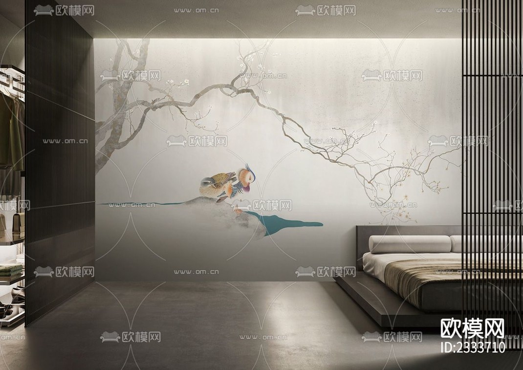 新中式禅意花鸟彩绘背景墙