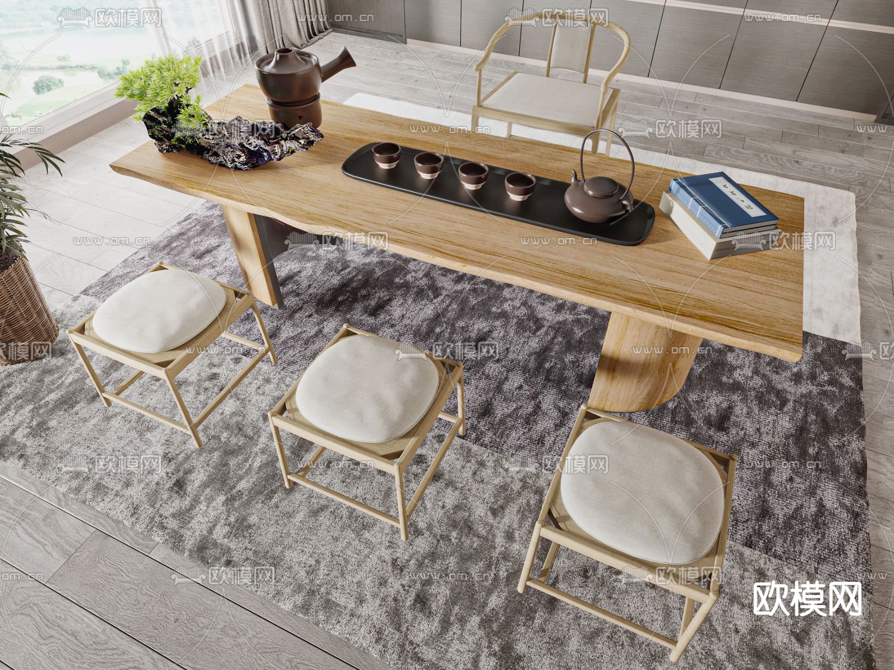 新中式茶桌椅3d模型下载