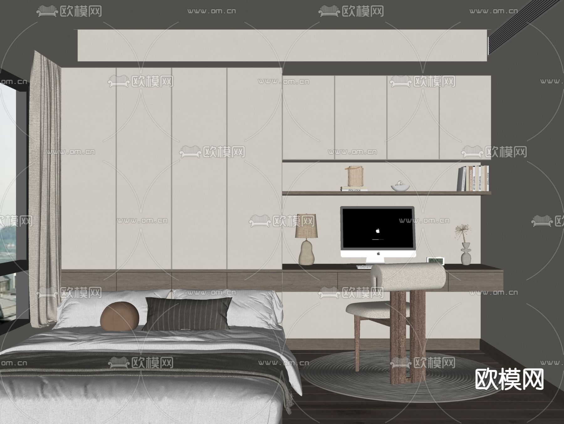 奶油风榻榻米卧室 主人房su模型下载（渲染图2）