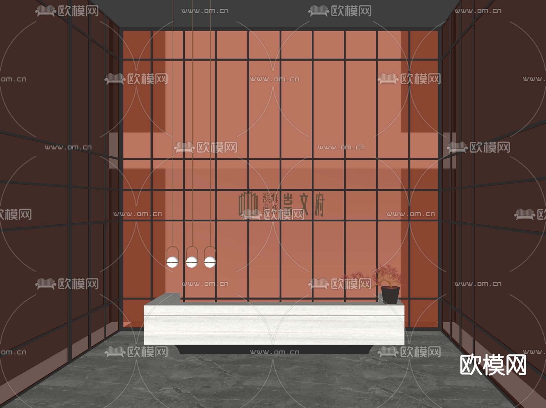 新中式售楼处前台 接待su模型下载（渲染图2）