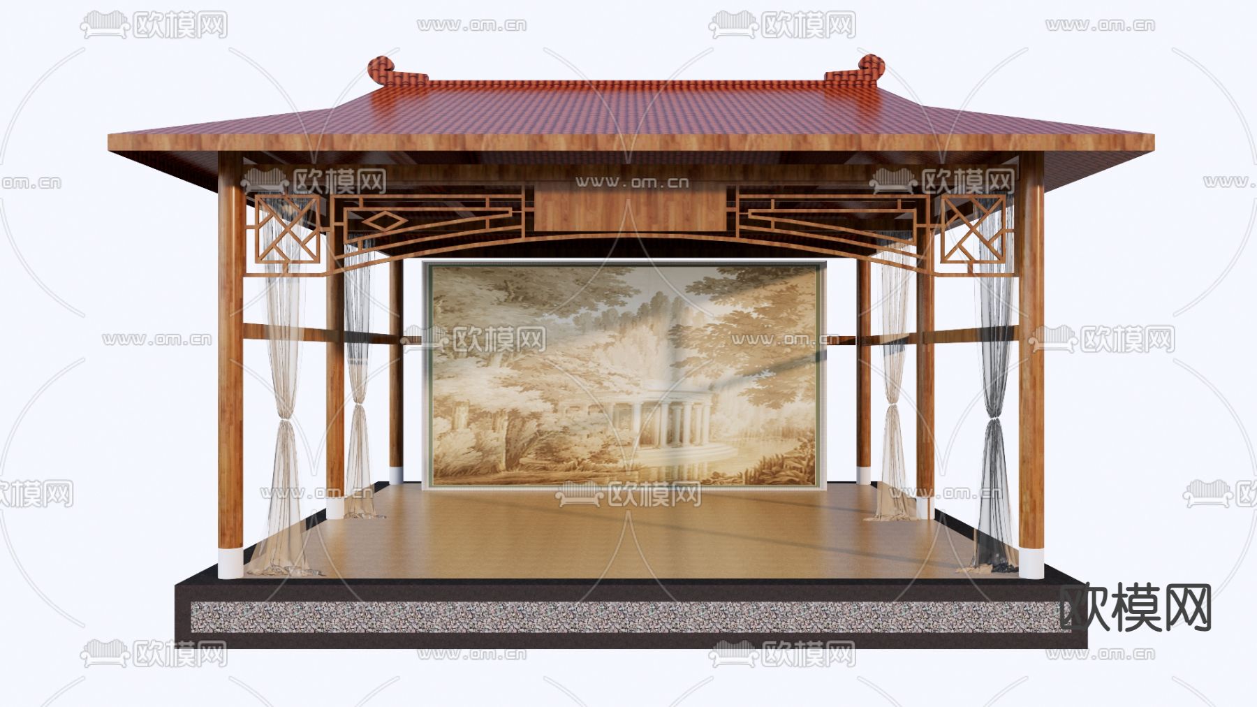 中式乡村戏台 村庄舞台su模型下载（渲染图1）