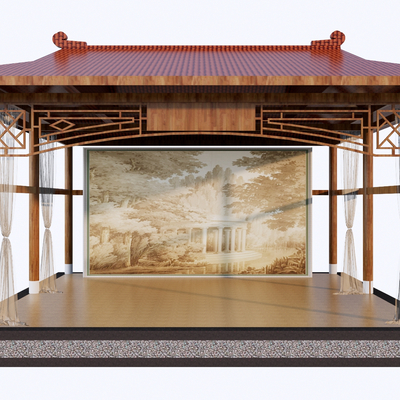  中式乡村戏台 村庄舞台su模型 