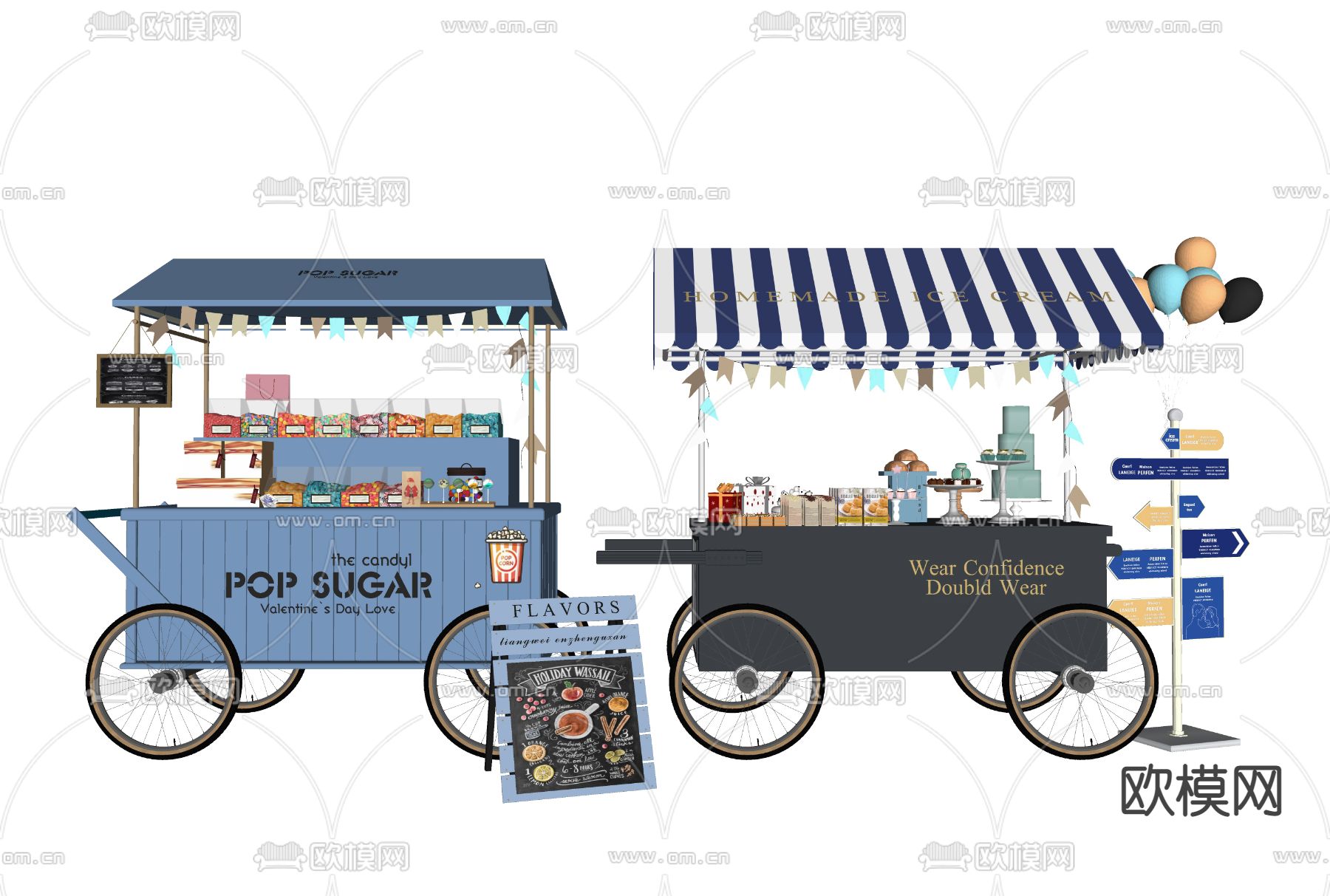 集市贩卖车 售货车 摊车su模型下载（渲染图2）