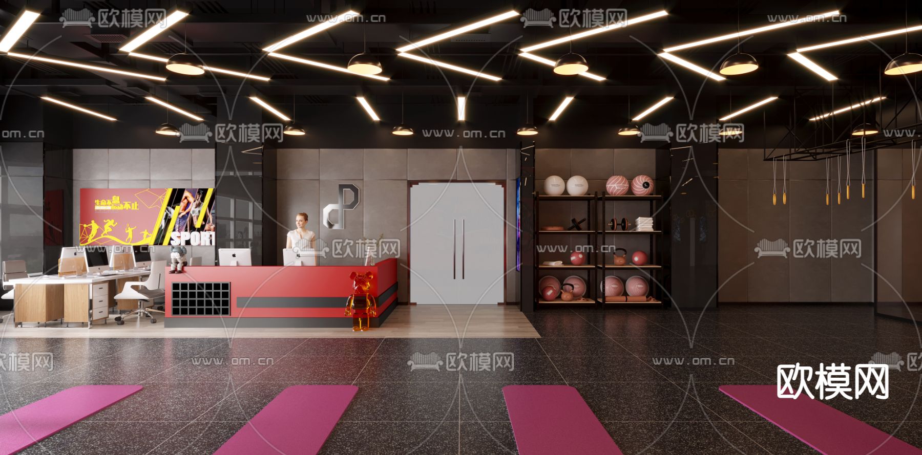 工业风瑜伽室 健身房3d模型下载（渲染图2）