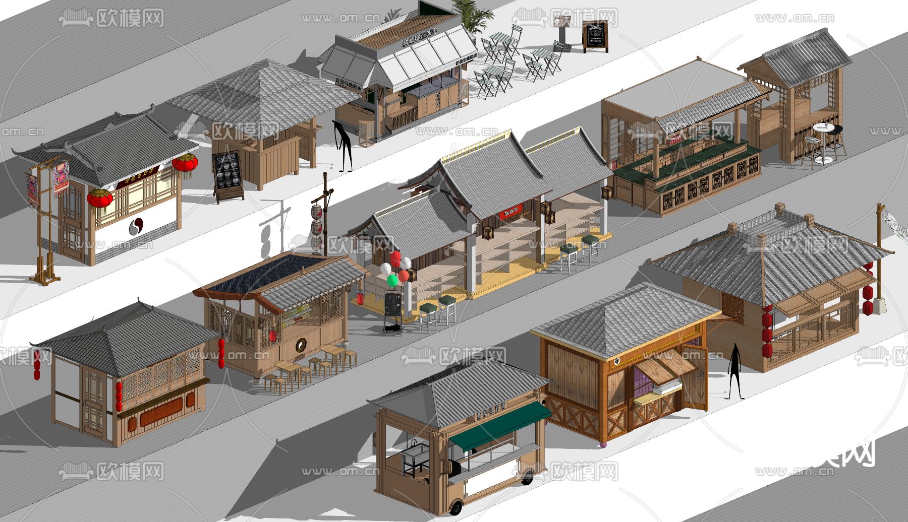 中式售货摊 售货亭 小吃摊su模型下载（渲染图2）